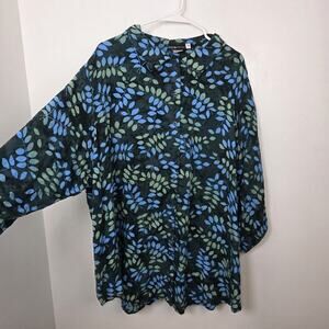 Mib Collection Blue Green Leaf Print Button Up Oversized Artsy Shirt Size 14